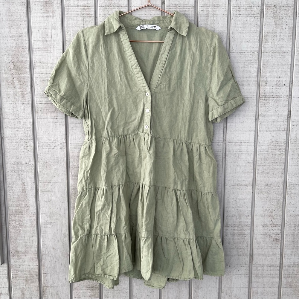 Zara Green Tiered Babydoll‎ Dress Short Sleeve V Neck Medium Boho Casual